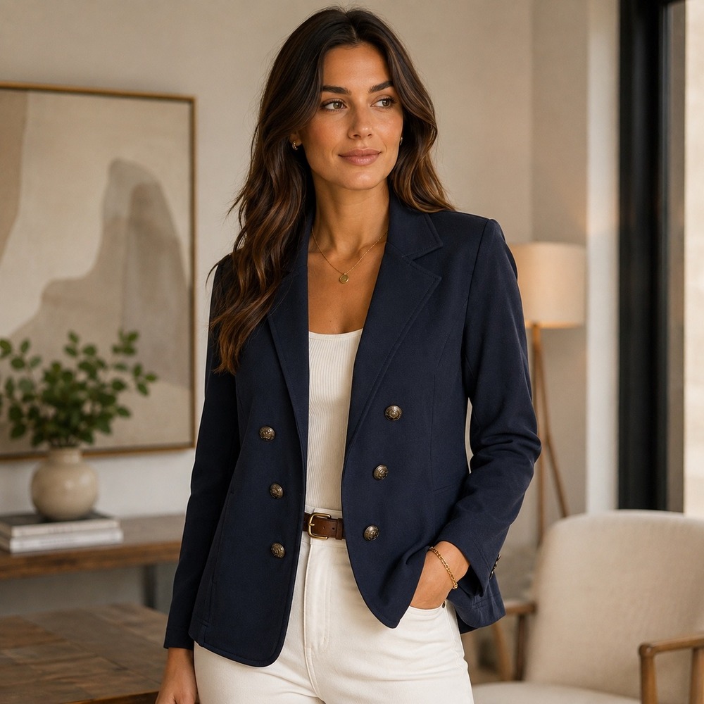 Tommy Hilfiger Navy Blue Double Breasted Knit Blazer Gold Crest Buttons Size M